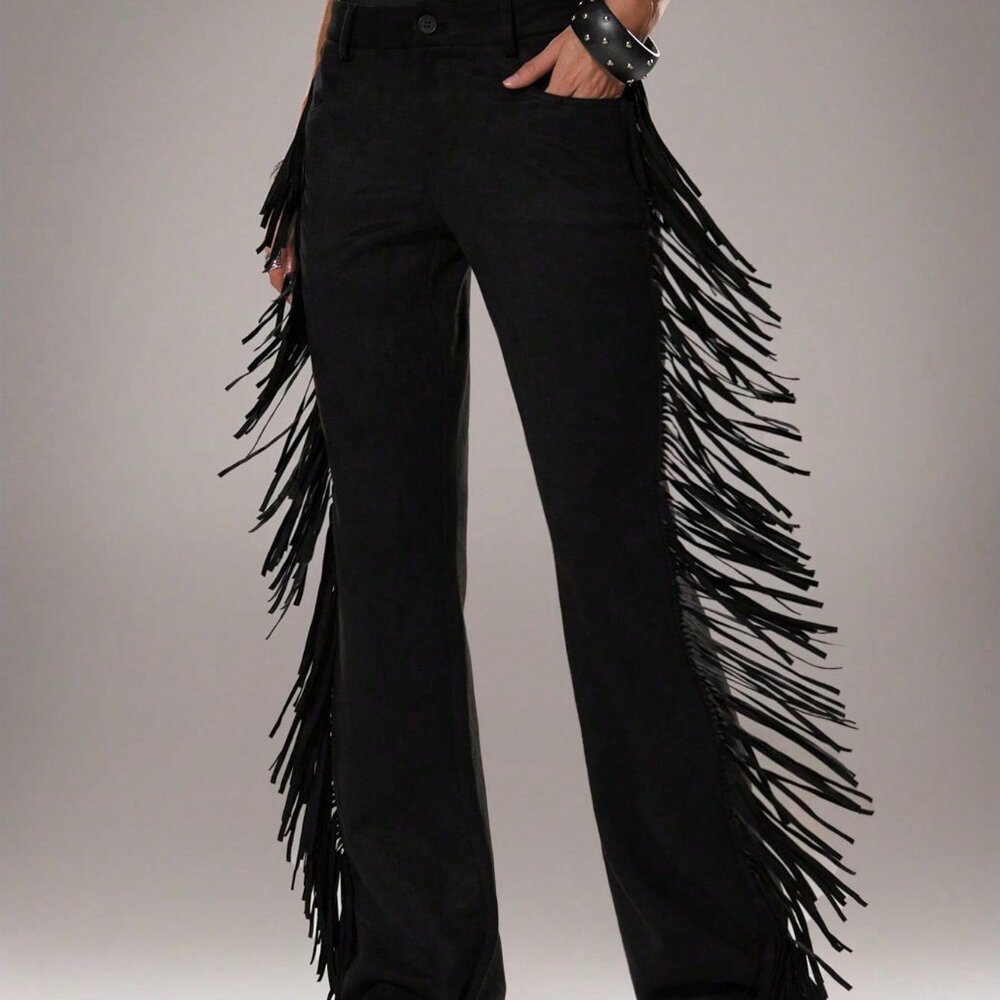 Black Women's Casual Flared Leg Faux Suede Fringe Side Pants - Picture 1 of 7